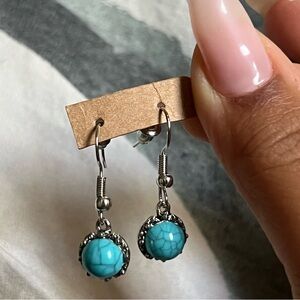 Circle Veiny Turquoise Blue Gemstone Small Dangly Drop Silver Earrings Layering